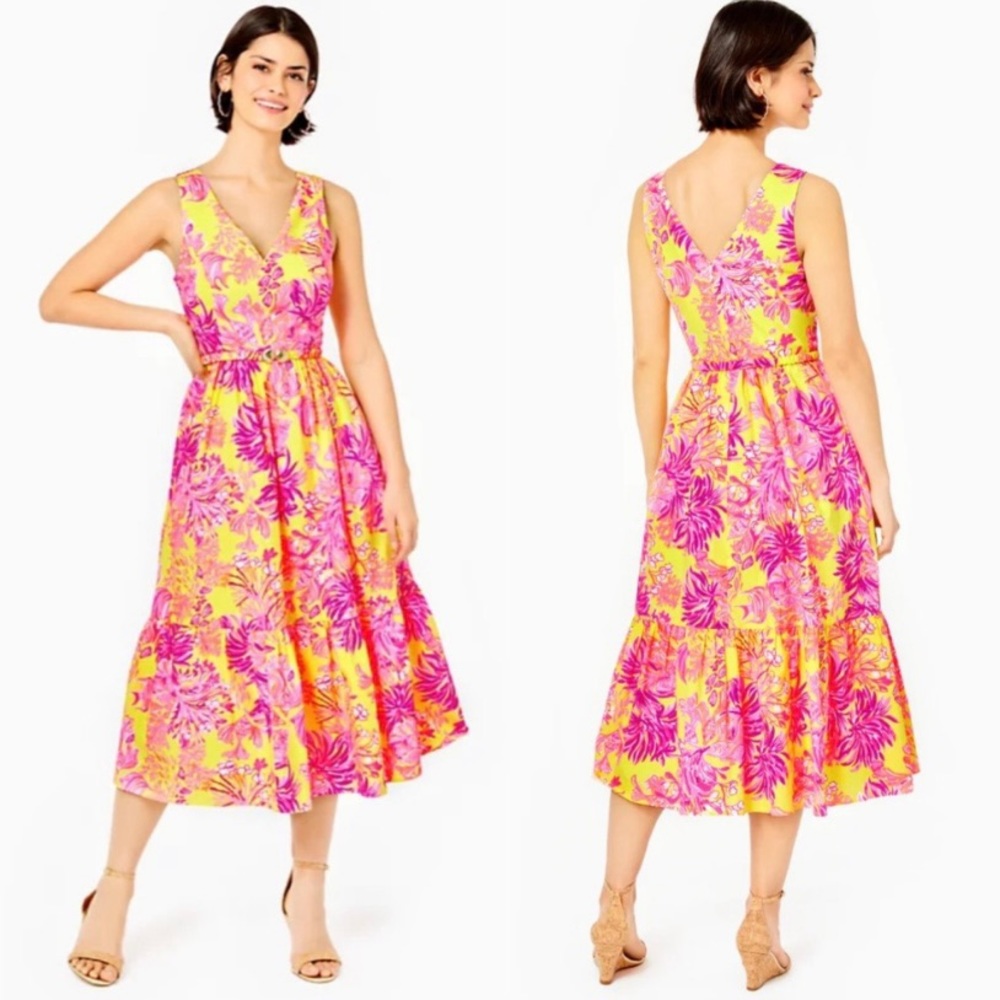 Lilly Pulitzer Bri V-Neck Cotton Midi-Dress in Calla Yellow NWT - Size 2